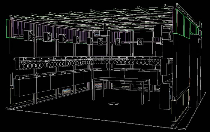 IOSONO Acoustic Testlab CAD IOSONO Akustik Labor (Acoustic Testlab) CAD Ansicht Planung. 3D-CAD Daten des Ausführungsplanes mit Wellenfeldsynthese (WFS) Lautsprecher Panels