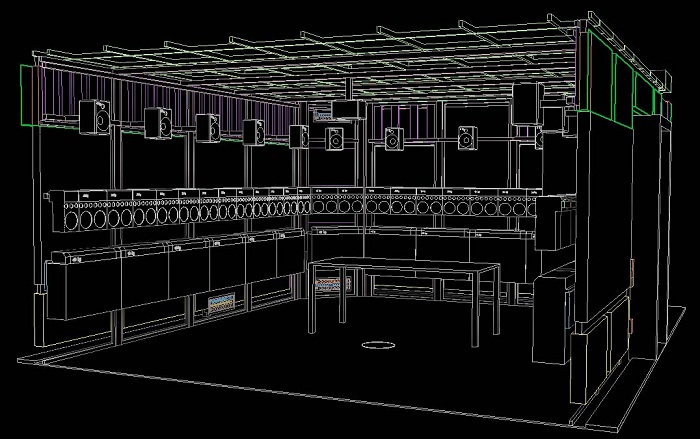 IOSONO Akustik Labor (Acoustic Testlab) CAD Ansicht Planung. 3D-CAD Daten des Ausführungsplanes mit Wellenfeldsynthese (WFS) Lautsprecher Panels