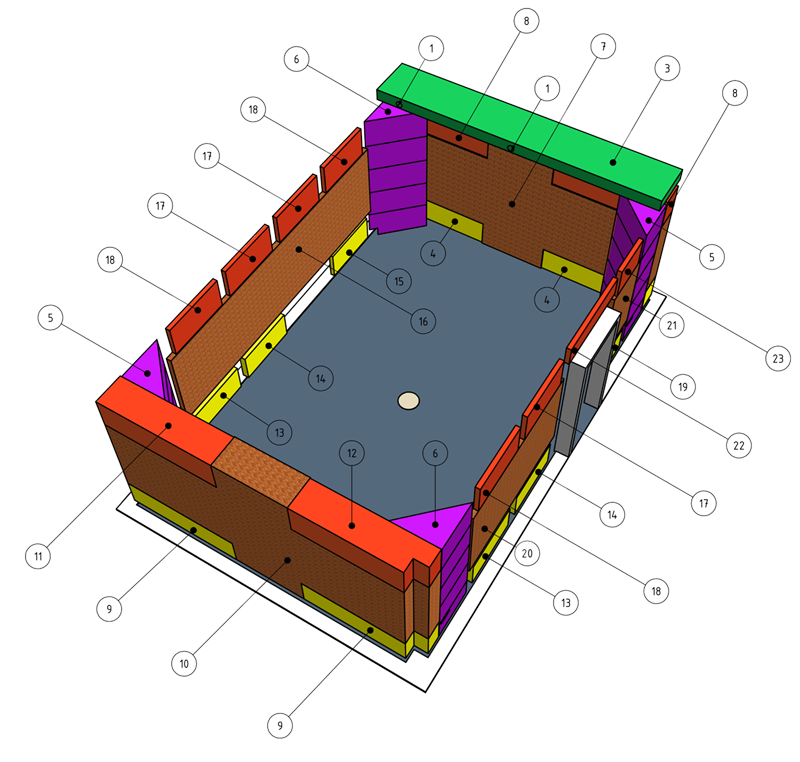 IOSONO Akustik Labor (Acoustic Testlab) CAD Ansicht Planung. 3D-CAD Daten des Ausführungsplanes mit Wellenfeldsynthese (WFS)